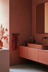 Monochrome bathroom with terracotta shades, a matching matte-finish bathtub and sink, elegant wooden storage cabinets.