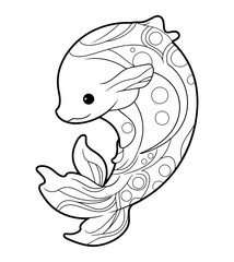 Black  white fish coloring page with circles waves  a cute eye