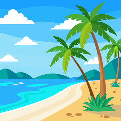 Obraz premium Tropical beach vacation illustration with palm trees and ocean view