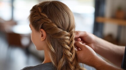 Fototapeta premium Braiding hair of young caucasian girl indoors with french braid style.