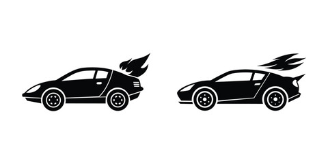 Compact Sports Car Side View Blasting Off Flat Silhouette on White Background