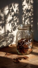 hand placing coins into jar while shadow on wall forms the word debt hinting smart financial habits side copy space