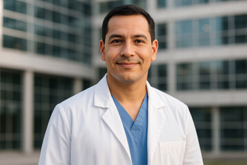 Smiling latin american doctor in a white coat