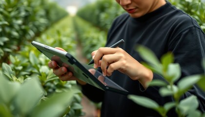 a person using a tablet in a greenhouse
