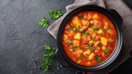 Hearty vegetable and meat stew in black bowl on dark slate table with parsley garnish.