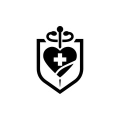 Blackandwhite medical crest with heart cross and Rod of Asclepius design