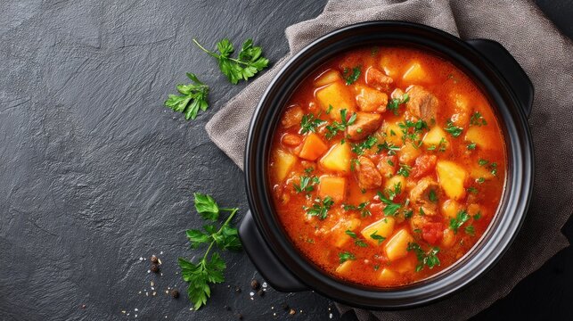 Hearty vegetable and meat stew in black bowl on dark slate table with parsley garnish.