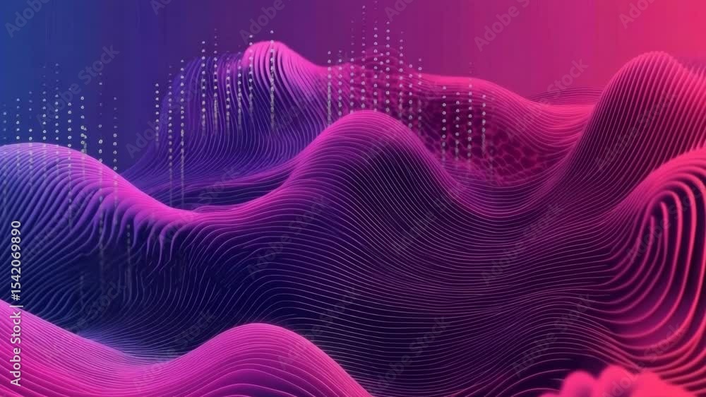 Poster abstract digital landscape with neon waves and data points visualization