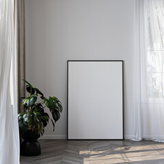 Frame mockup, ISO A paper size. Living room wall poster mockup. Interior mockup with house background. Modern interior design. 3D render
