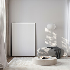 Naklejka na ściany i meble Frame mockup, ISO A paper size. Living room wall poster mockup. Interior mockup with house background. Modern interior design. 3D render 