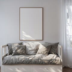 Frame mockup, ISO A paper size. Living room wall poster mockup. Interior mockup with house background. Modern interior design. 3D render
