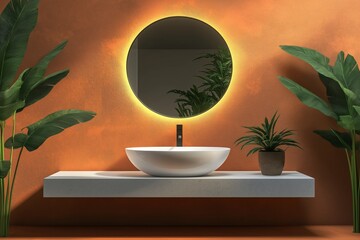 Small but stylish bathroom with a terracotta accent wall, a modern round mirror with backlighting, a white vessel sink, and green plants for contrast.
