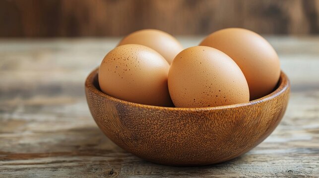 Four brown eggs in a wooden bowl on a rustic wooden table.
