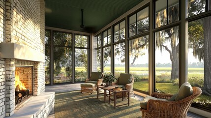 Outdoor covered porch with fireplace, wicker chairs, large windows, brick wall, green ceiling, and coastal-style home on Hilton Head Island