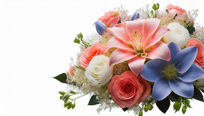 Fototapeta premium elegant bridal bouquet featuring complement color flowers in transparent hues for a wedding celebration bridal bouquet consists from complement color flower isolated transparent background