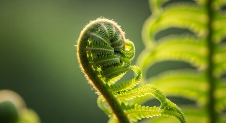 Naklejka premium Unfurling Fern Fiddlehead, A Close-Up of Nature's Delicate Beauty