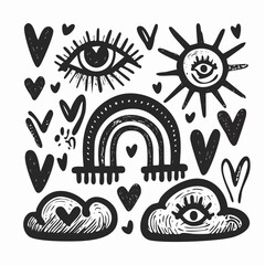 Hand-Drawn Black and White Mystical Rainbow, Eye, Sun, Heart, Cloud Illustrations