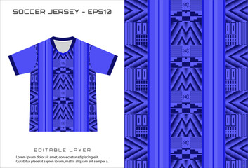 Blue soccer jersey design with geometric patterns and vertical stripes