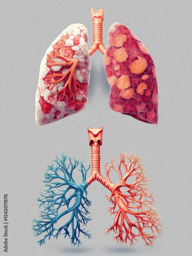 Poster detailed comparison of healthy and damaged lung anatomy illustrating structural differences and impl