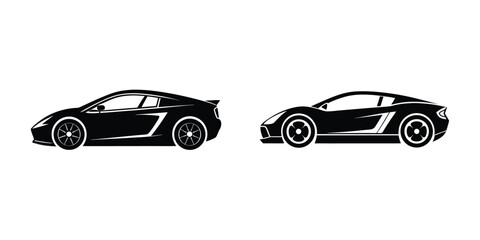 Minimal Flat Artwork of a Sculpted Sports Car Side View Accelerating Outward Silhouette on White Background