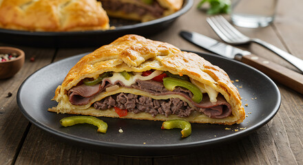 A slice of Philly cheesesteak pie filled with thin-sliced beef, sautéed onions, peppers, and melted provolone, wrapped in a flaky crust. Served on a dark ceramic plate, warm natural lighting 