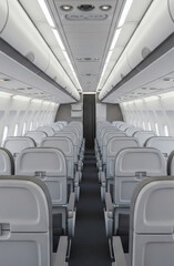 Fototapeta premium Airplane interior seating rows passenger cabin travel transportation flight journey vacation trip space