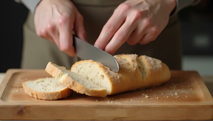 Hands slicing fresh loaf of bread on wooden cutting board in kitchen setting.