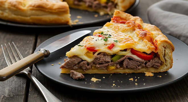 A slice of Philly cheesesteak pie filled with thin-sliced beef, sautéed onions, peppers, and melted provolone, wrapped in a flaky crust. Served on a dark ceramic plate, warm natural lighting  - Powered by Adobe