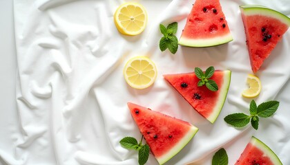 Fresh watermelon slices, lemon halves and mint leaves arranged on white background.