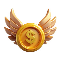 Golden coin with wings 3d render illustration