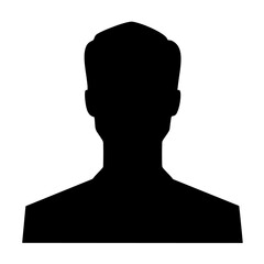 a black silhouette of a man's head and shoulders is displayed on a white background in this icon image