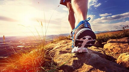 Close-up of feet in running shoes on top of a hill, a healthy lifestyle concept. 