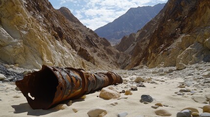 Rusted Metal Pipe in Rocky Canyon with Majestic Mountains Background