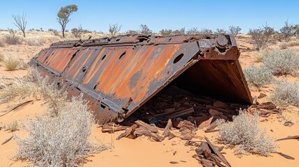 Fototapeta premium Rusty Metal Remnant in Desert Landscape Surrounded by Shrubs