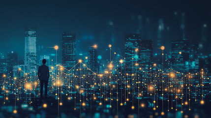 Abstract business man stands on Smart digital Innovation city with connection network reciprocity over the twilight cityscape. of future wireless digital city and social media networking systems