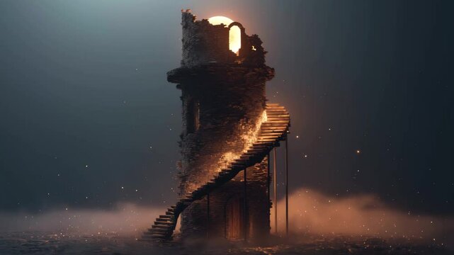 Mystical Stone Tower in Firelit Fog
