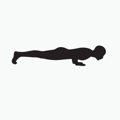 A silhouette capturing the moment of movement between two poses, such as lowering from Plank to Chaturanga. The body is a straight, rigid line parallel to the ground, with elbows bent at a 90-degree 