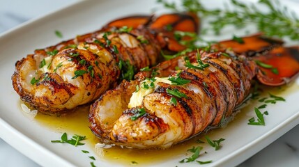 Lobster tails served with a side of grilled vegetables and a wedge of lemon.