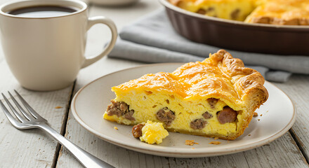 A slice of sausage and egg breakfast pie with golden flaky crust, fluffy eggs, savory sausage, and melted cheese. Presented on a ceramic plate over a farmhouse table with a cup of coffee nearby