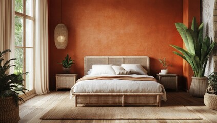 Rustic terracotta bedroom with wicker bed