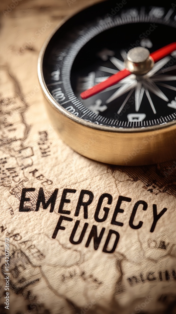 Aufkleber compass needle pointing toward emergency fund words on textured map visual journey to preparedness s