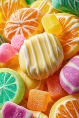 A close-up of colorful gummy candies, mixed with white chocolate drizzled on top and various shaped pieces scattered around the candy
