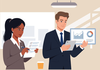 Business Teamwork Illustration, Office Work Icon, Professional People Collaboration, Business Meeting Design, Corporate Presentation Art, Data Analysis Concept.