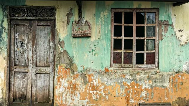 Aged building facade with weathered door and window