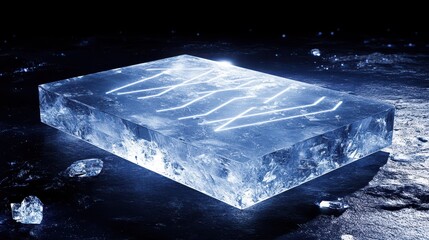 Obraz premium Clear Ice Block With Intricate Patterns Illuminated in Dark Background