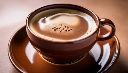 Obraz premium a brown coffee cup is slowly filled with a thick espresso cream creating a rich delicious foam while the camera rotates slightly