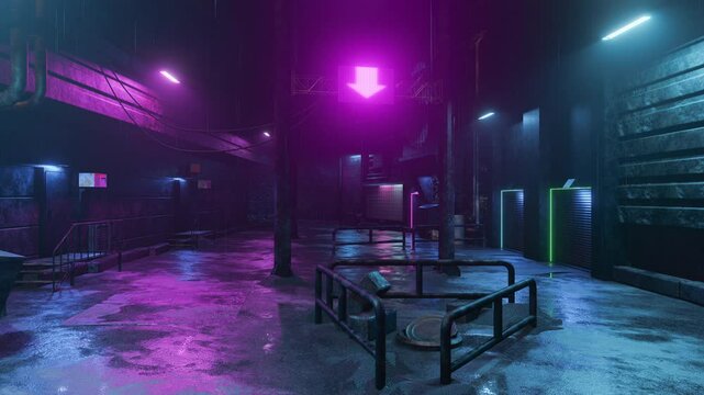Futuristic cyberpunk alley at night with neon lights, rain, wet asphalt, pipes, and glowing signs. Seamless 3D loop animation, ideal for sci-fi, tech, or game backgrounds.