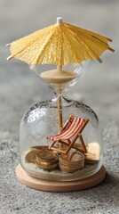 hourglass with golden coins slowly falling into miniature beach chair and umbrella symbol of retirement savings
