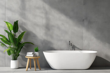 Minimalist bathroom with a freestanding white bathtub, potted plant, and wooden stool holding towels