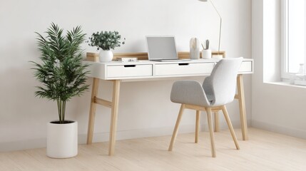 scandinavian workspace, white desk, green plant, modern chair, clean lines, airy and bright design